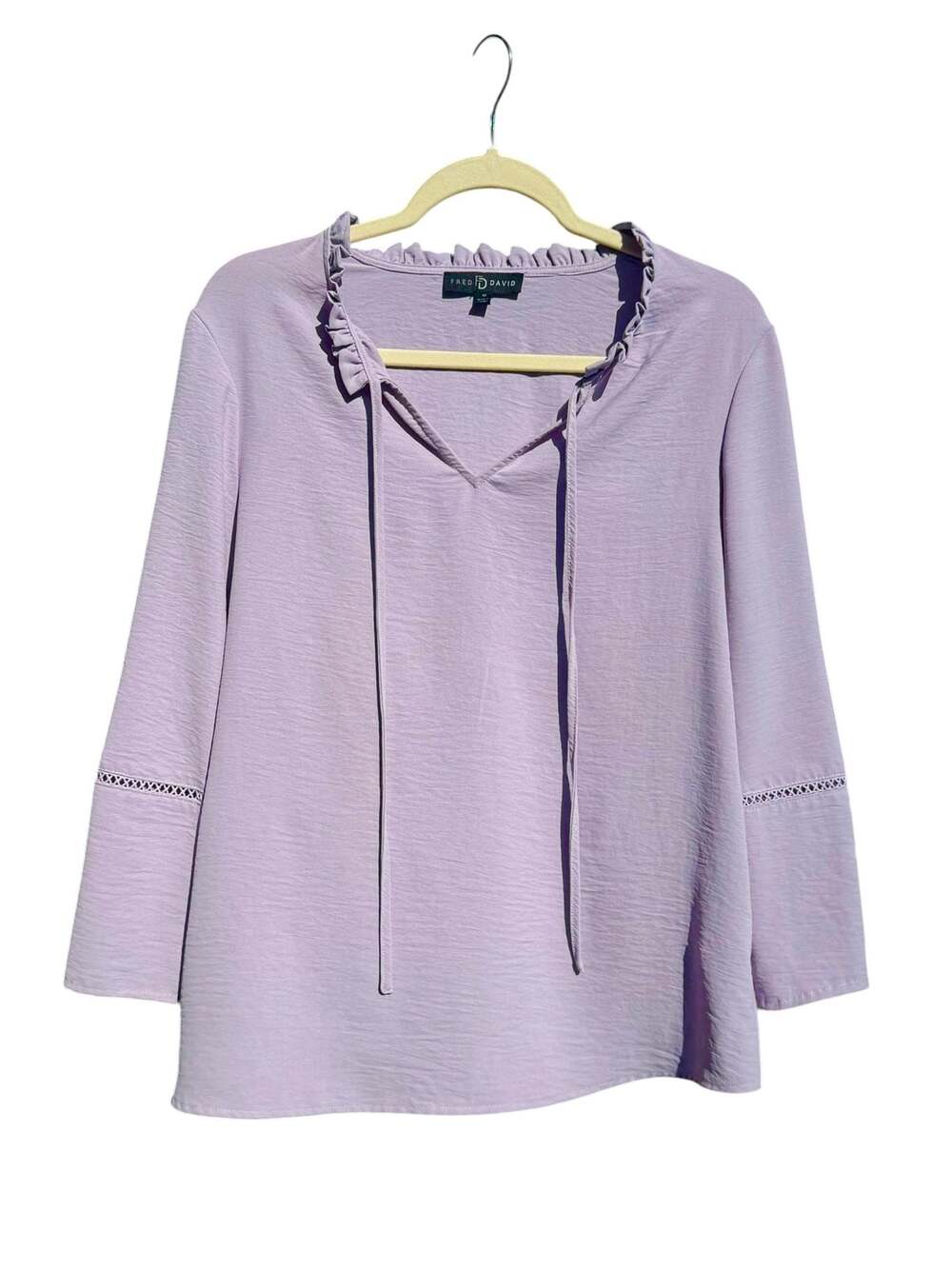 Fred David Women's Lavender Ruffle Neck 3/4 Sleeve Blouse with Lace Detail